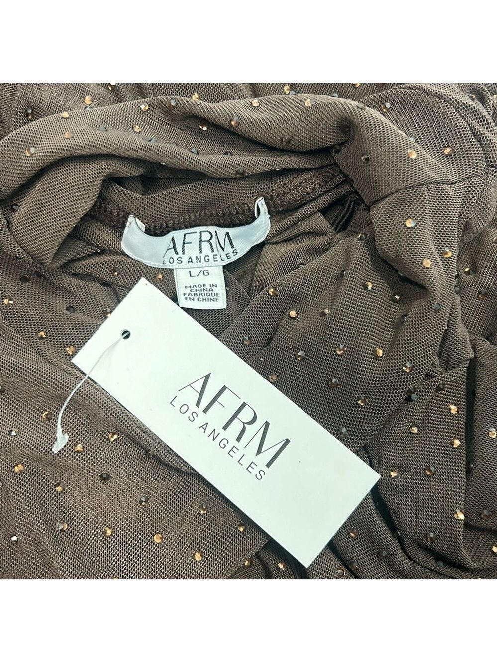 AFRM Los Angeles dark brown Shailene crystal Rhinestone embellished mesh Dress L - Picture 9 of 15